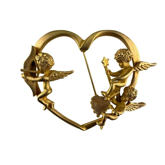 Vintage Cherub Brooch Heart Pin Gold Tone Romantic Design Charming Accessory - Picture 1 of 3